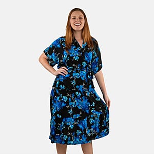 Tamsy Blue Floral Front Placket Shirt Dress with Fabric Waist Tie - One Size Fits Most