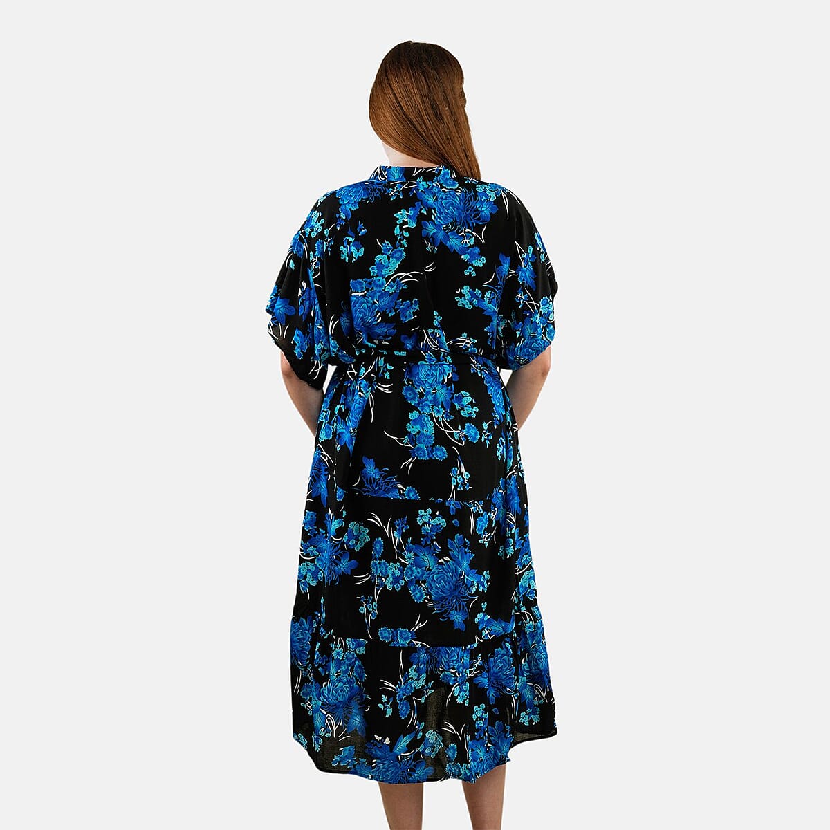 Tamsy Blue Floral Front Placket Shirt Dress with Fabric Waist Tie - One Size Fits Most image number 1
