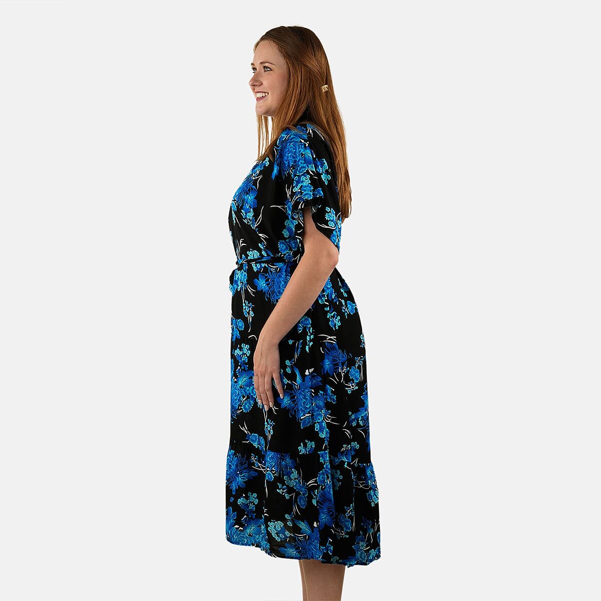 Tamsy Blue Floral Front Placket Shirt Dress with Fabric Waist Tie - One Size Fits Most image number 2