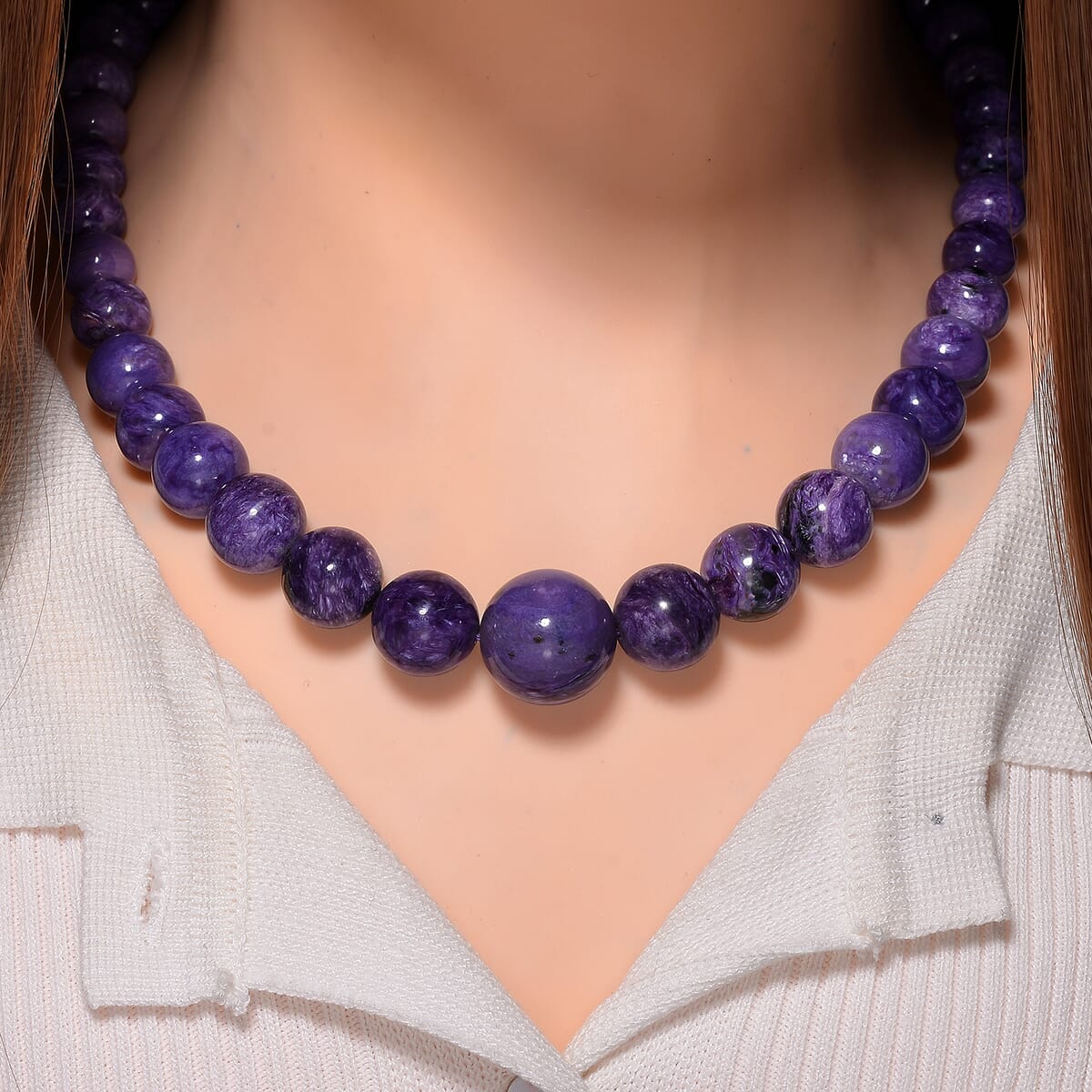 Mozambique Garnet, Charoite Beaded Necklace (20 Inches) in Rhodium Over Sterling Silver 550.05 ctw image number 1