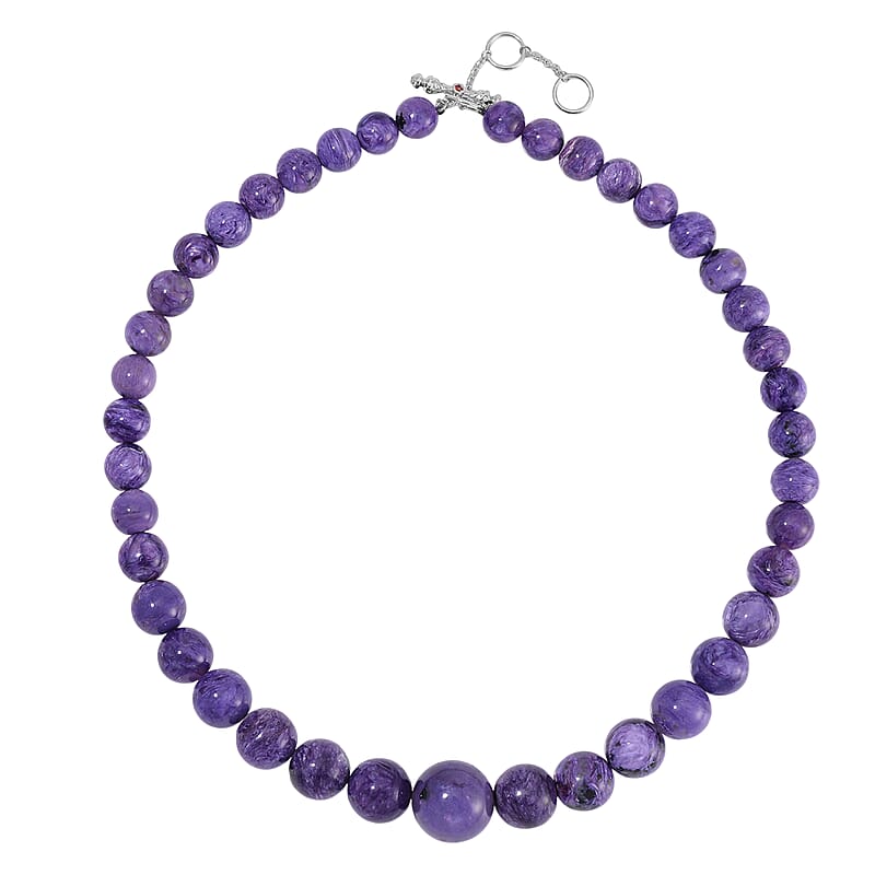 Mozambique Garnet, Charoite Beaded Necklace (20 Inches) in Rhodium Over Sterling Silver 550.05 ctw
