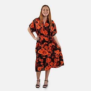 Tamsy Orange Floral Front Placket Shirt Dress with Fabric Waist Tie - One Size Fits Most