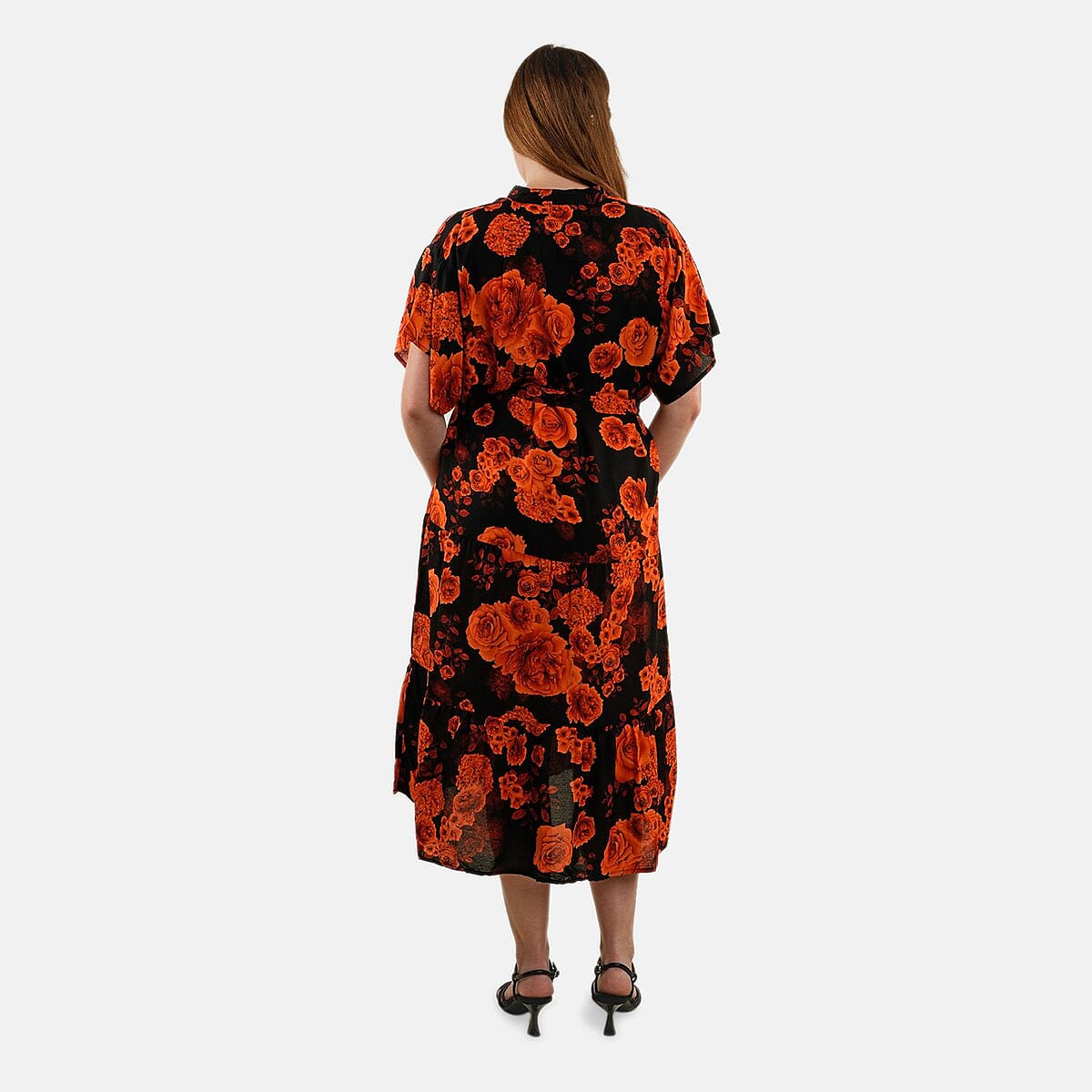 Tamsy Orange Floral Front Placket Shirt Dress with Fabric Waist Tie - One Size Fits Most image number 1