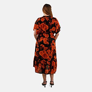 Tamsy Orange Floral Front Placket Shirt Dress with Fabric Waist Tie - One Size Fits Most