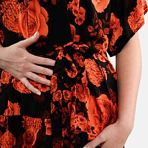 Tamsy Orange Floral Front Placket Shirt Dress with Fabric Waist Tie - One Size Fits Most
