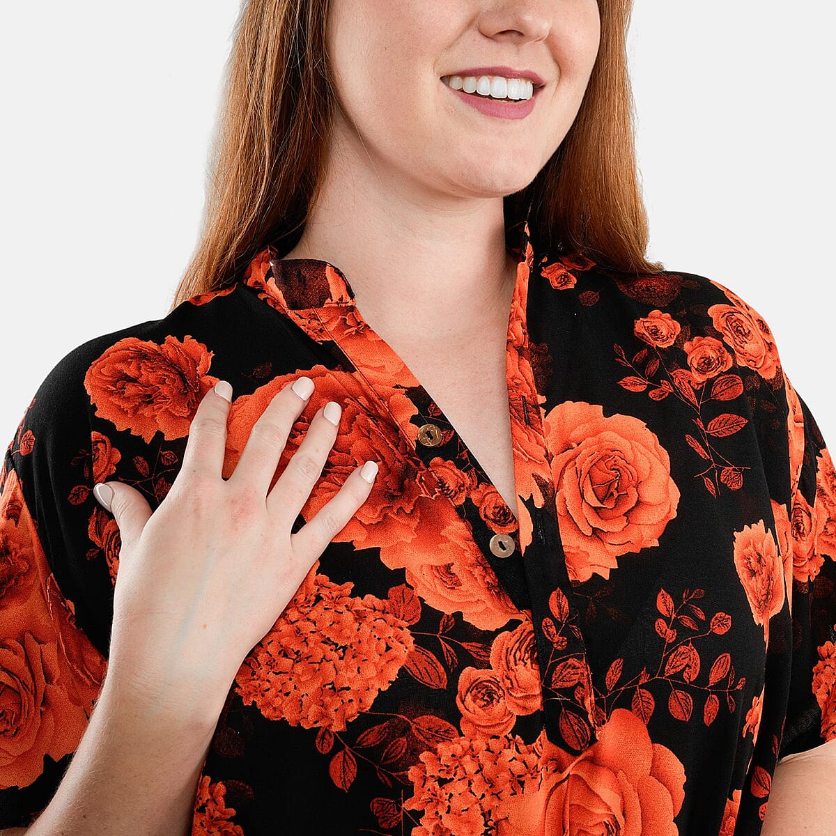 Tamsy Orange Floral Front Placket Shirt Dress with Fabric Waist Tie - One Size Fits Most image number 4
