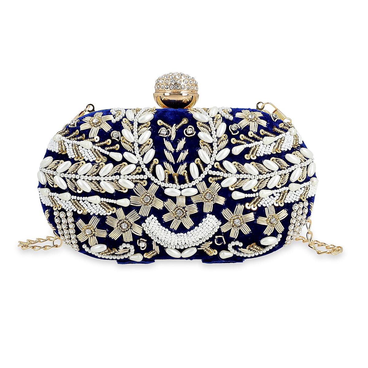 Royal Blue Hand Embroidery Oval Shaped Pearl Studded Velvet Clutch image number 0