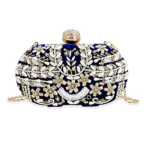 Royal Blue Hand Embroidery Oval Shaped Pearl Studded Velvet Clutch