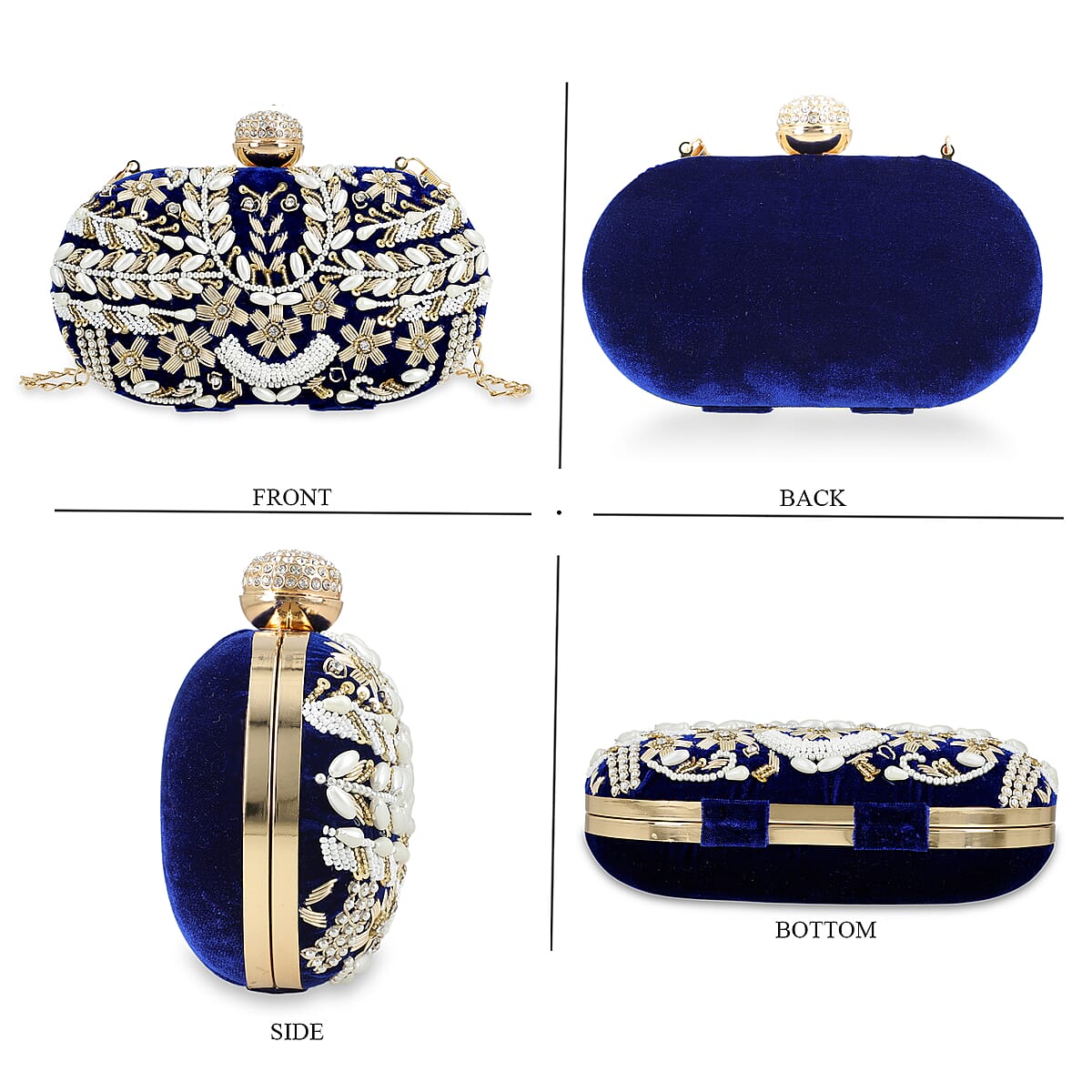 Royal Blue Hand Embroidery Oval Shaped Pearl Studded Velvet Clutch image number 4