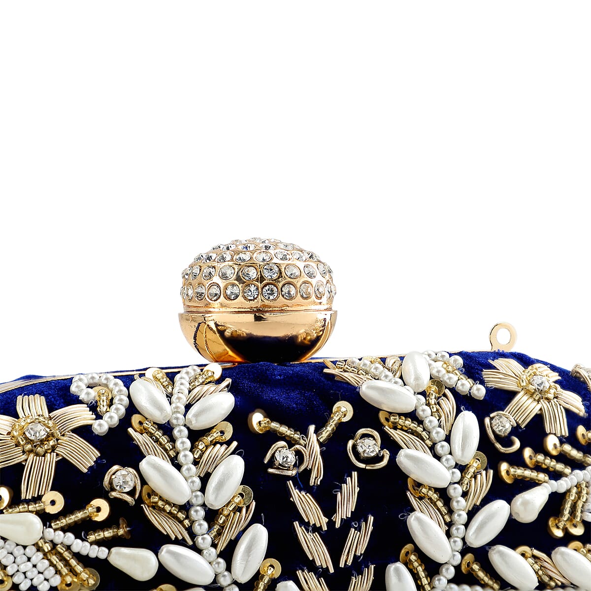 Royal Blue Hand Embroidery Oval Shaped Pearl Studded Velvet Clutch image number 6