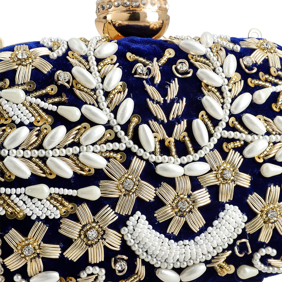 Royal Blue Hand Embroidery Oval Shaped Pearl Studded Velvet Clutch image number 7