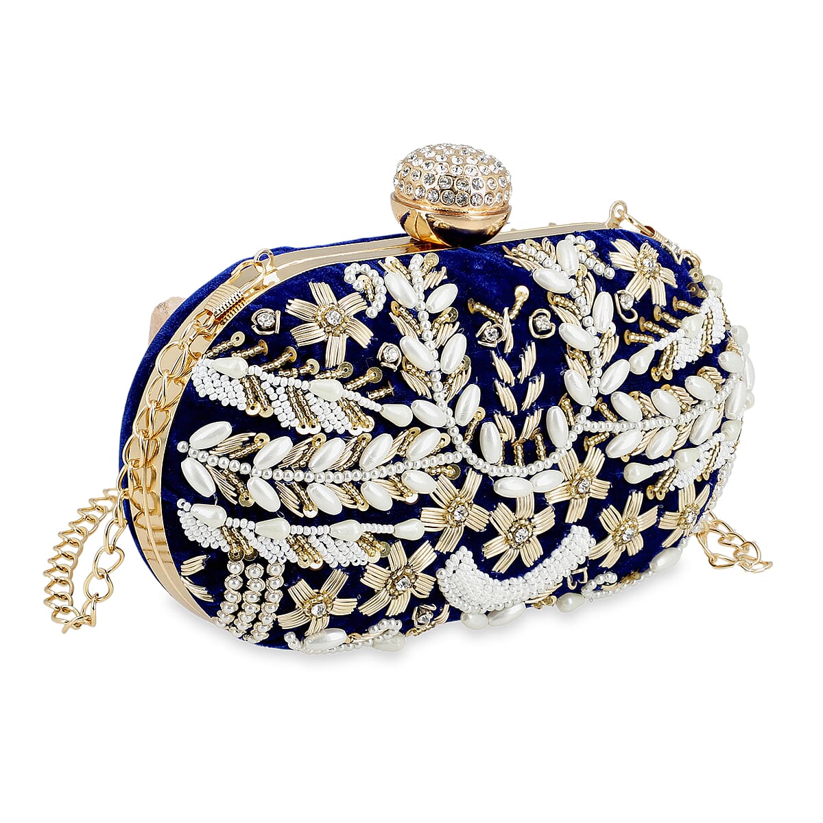 Royal Blue Hand Embroidery Oval Shaped Pearl Studded Velvet Clutch image number 8