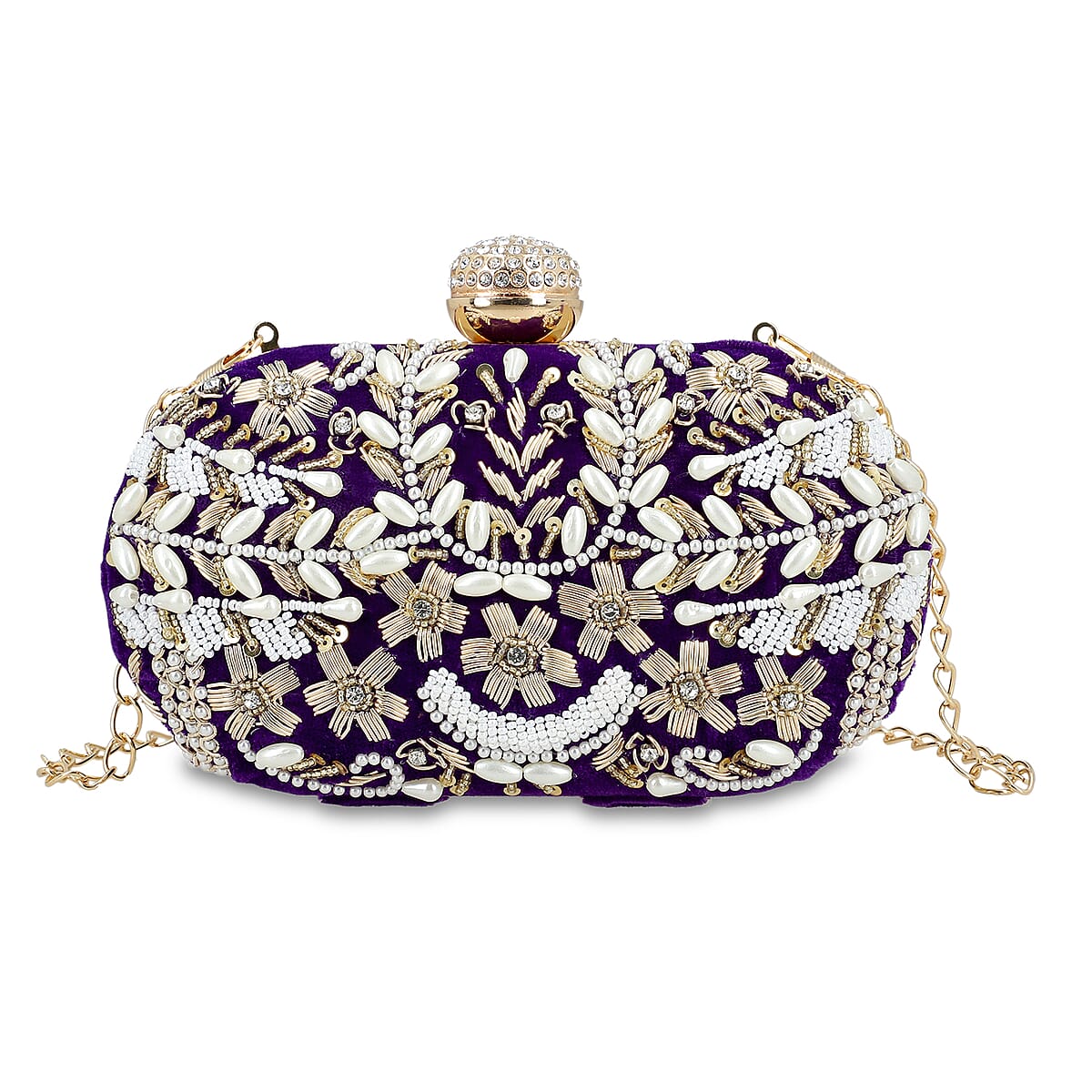 Purple Hand Embroidery Oval Shaped Pearl Studded Velvet Clutch (8x5) image number 0