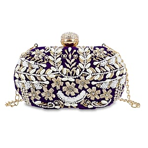 Purple Hand Embroidery Oval Shaped Pearl Studded Velvet Clutch (8x5)