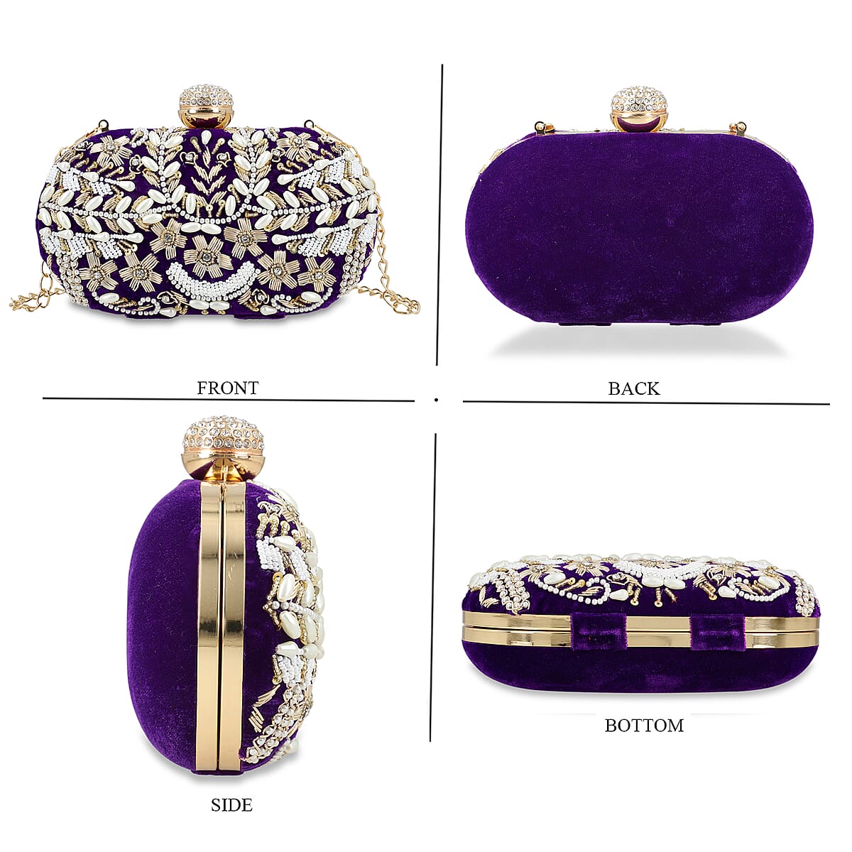 Purple Hand Embroidery Oval Shaped Pearl Studded Velvet Clutch (8x5) image number 4