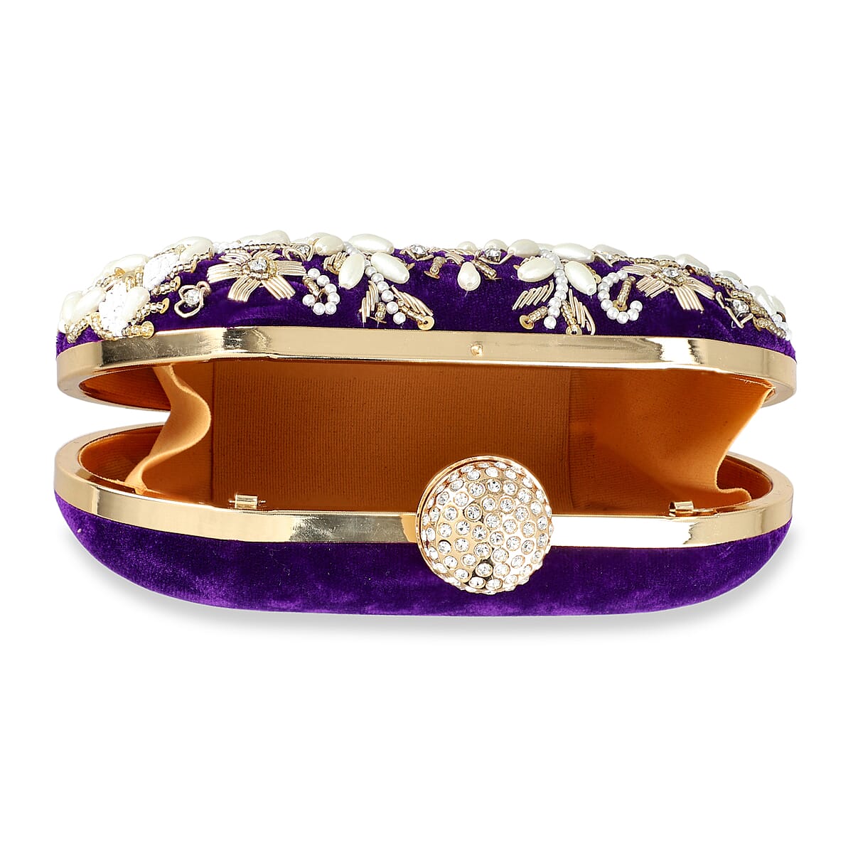 Purple Hand Embroidery Oval Shaped Pearl Studded Velvet Clutch (8x5) image number 5