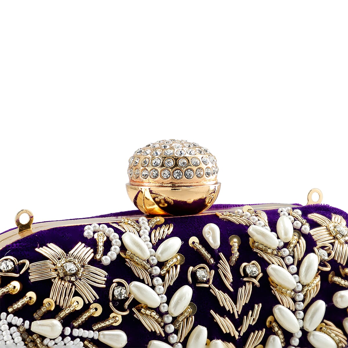 Purple Hand Embroidery Oval Shaped Pearl Studded Velvet Clutch (8x5) image number 6