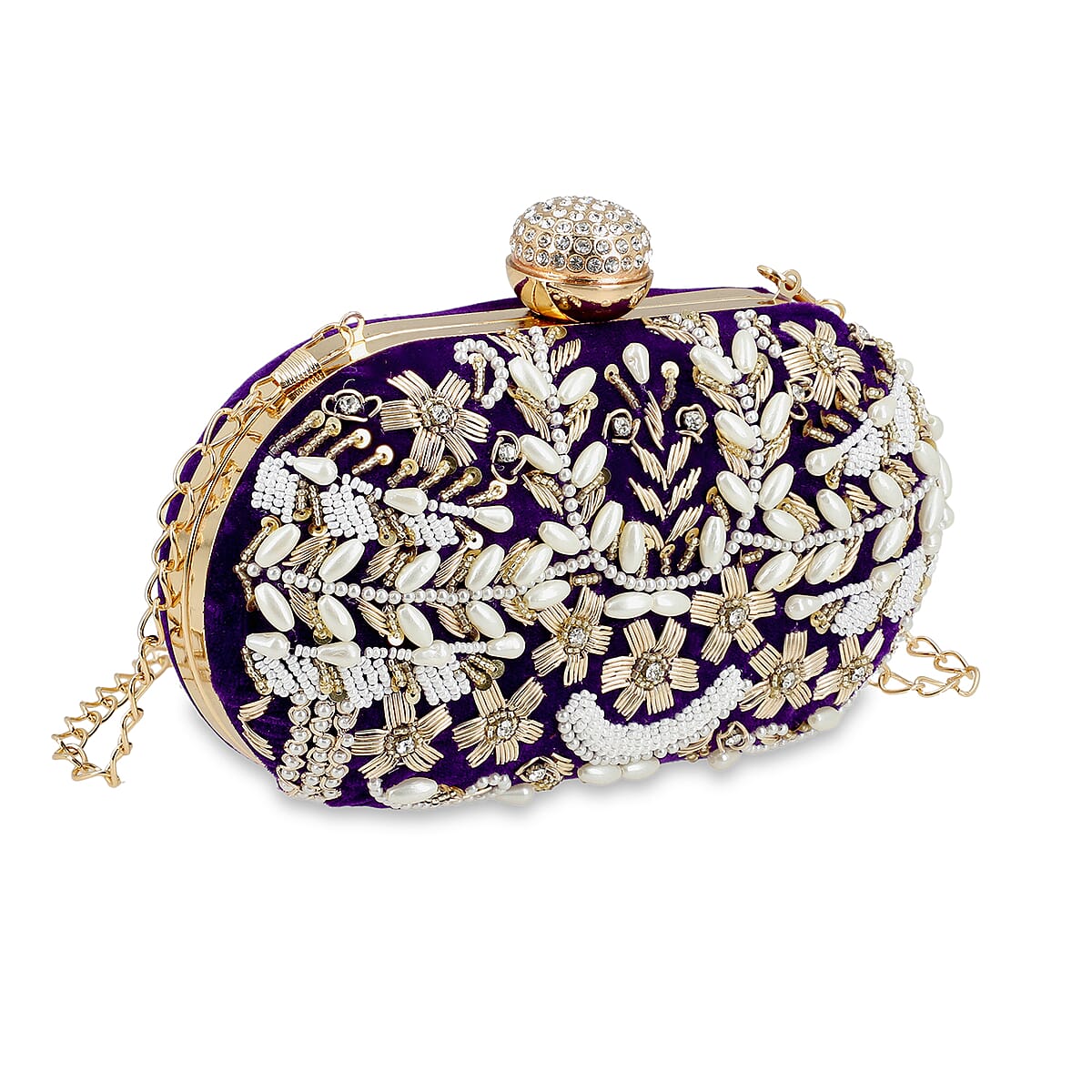 Purple Hand Embroidery Oval Shaped Pearl Studded Velvet Clutch (8x5) image number 8