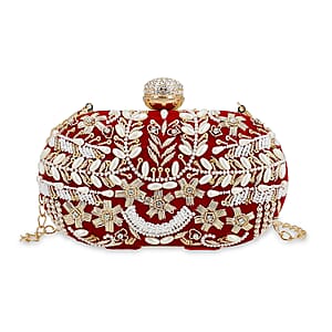 Burgundy Hand Embroidery Oval Shaped Pearl Studded Velvet Clutch