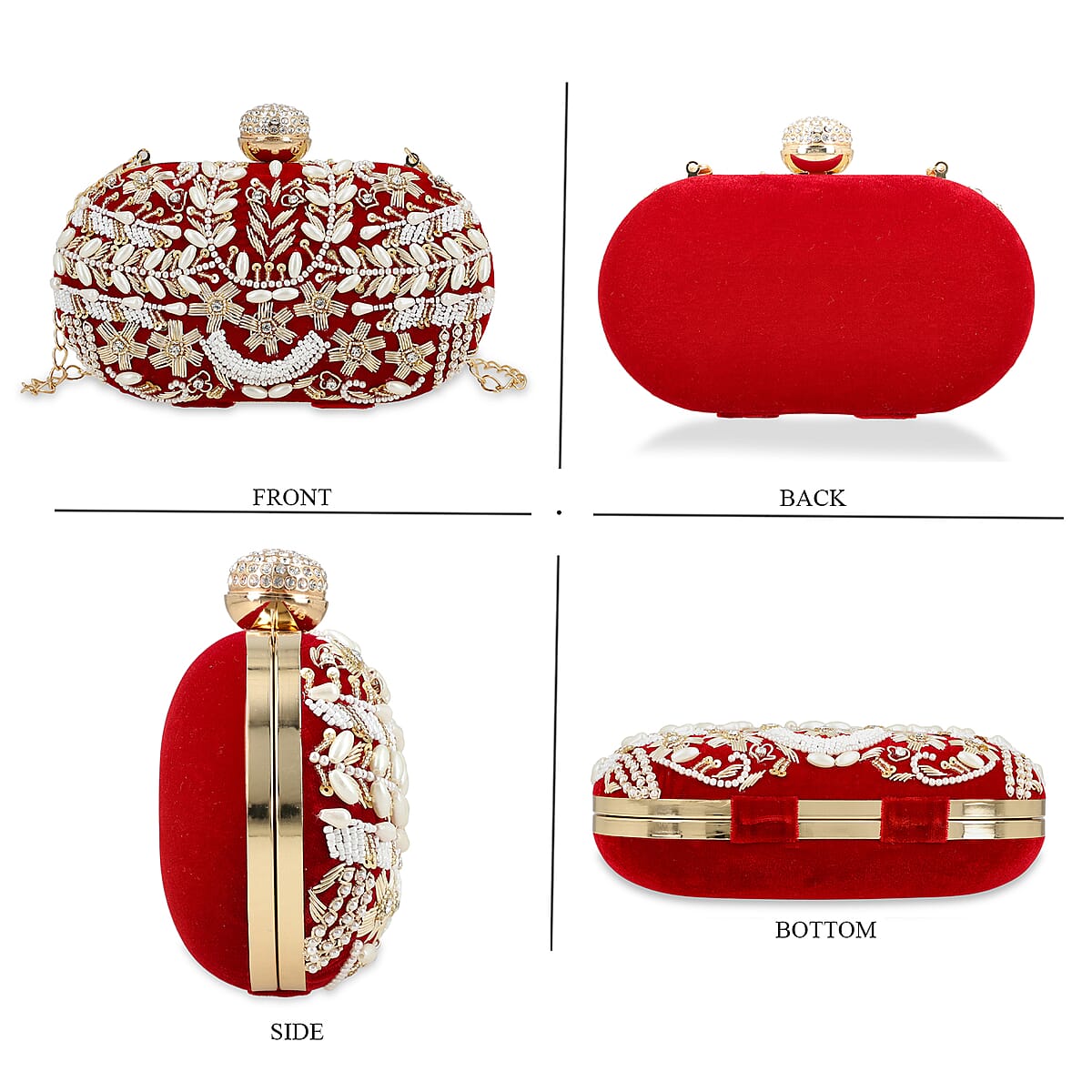 Burgundy Hand Embroidery Oval Shaped Pearl Studded Velvet Clutch image number 4