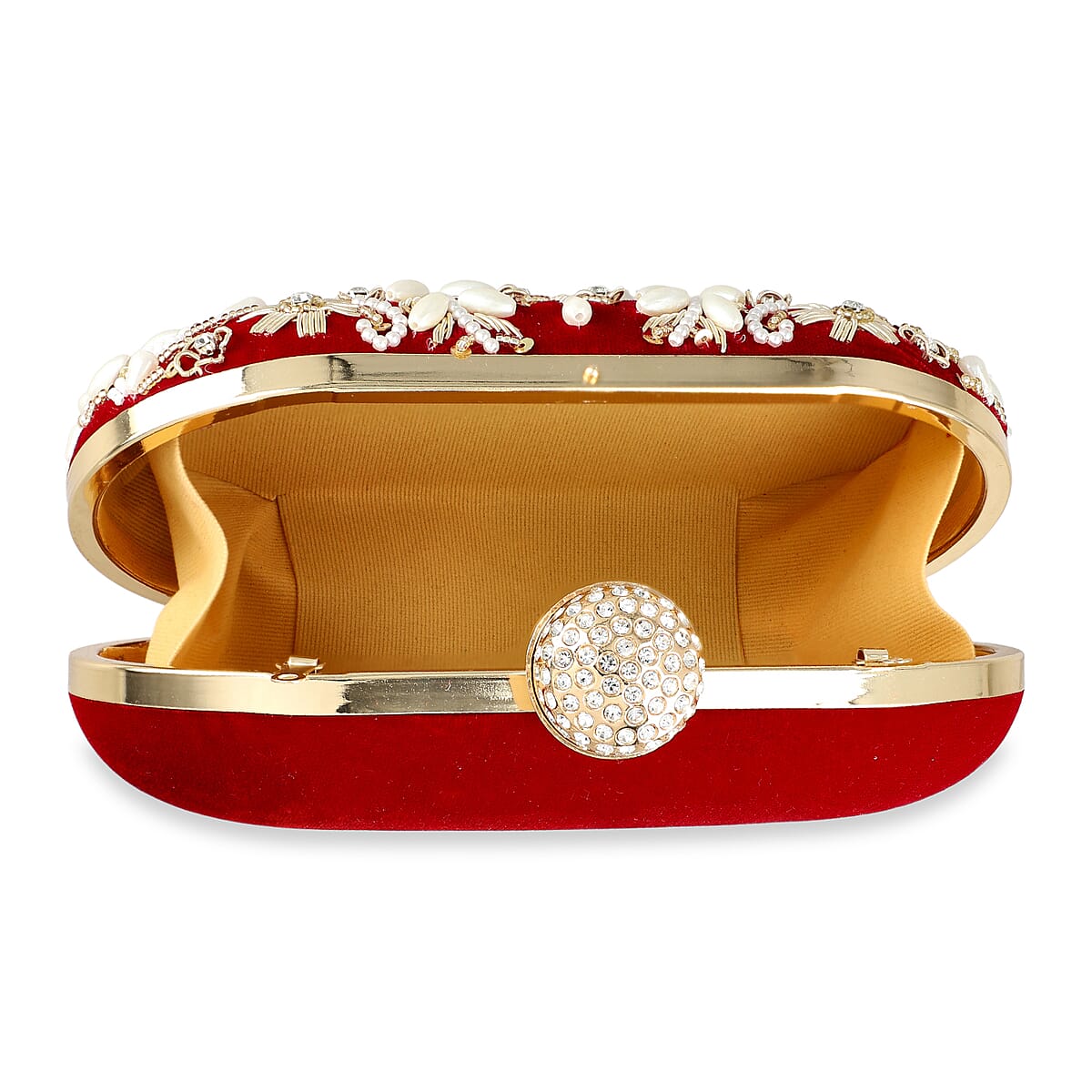 Burgundy Hand Embroidery Oval Shaped Pearl Studded Velvet Clutch image number 5