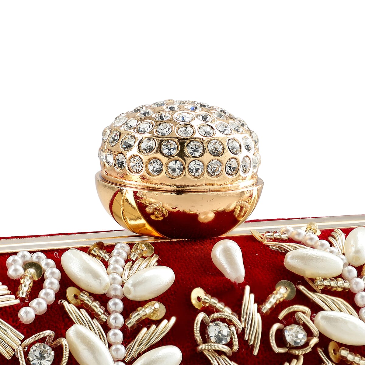 Burgundy Hand Embroidery Oval Shaped Pearl Studded Velvet Clutch image number 6