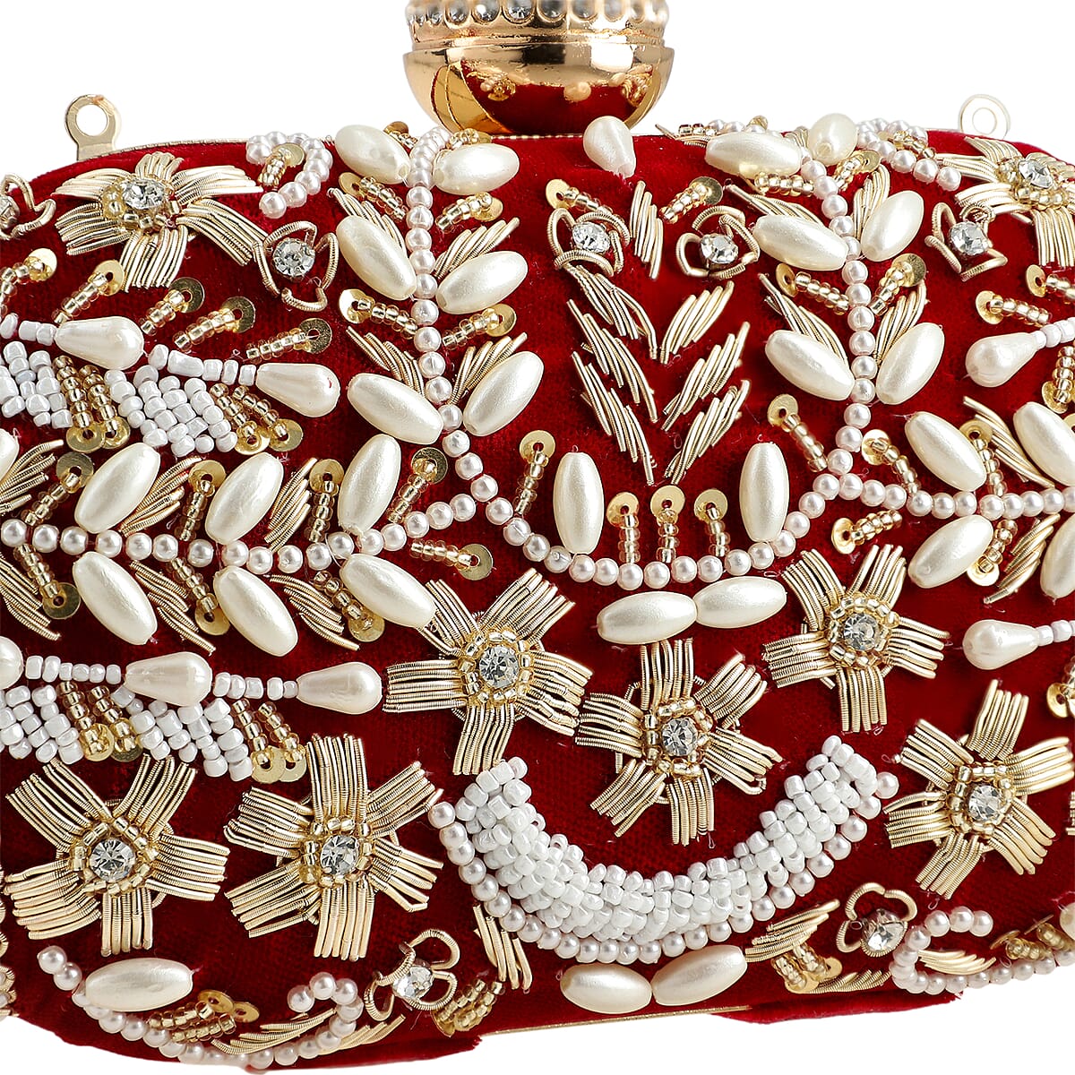 Burgundy Hand Embroidery Oval Shaped Pearl Studded Velvet Clutch image number 7