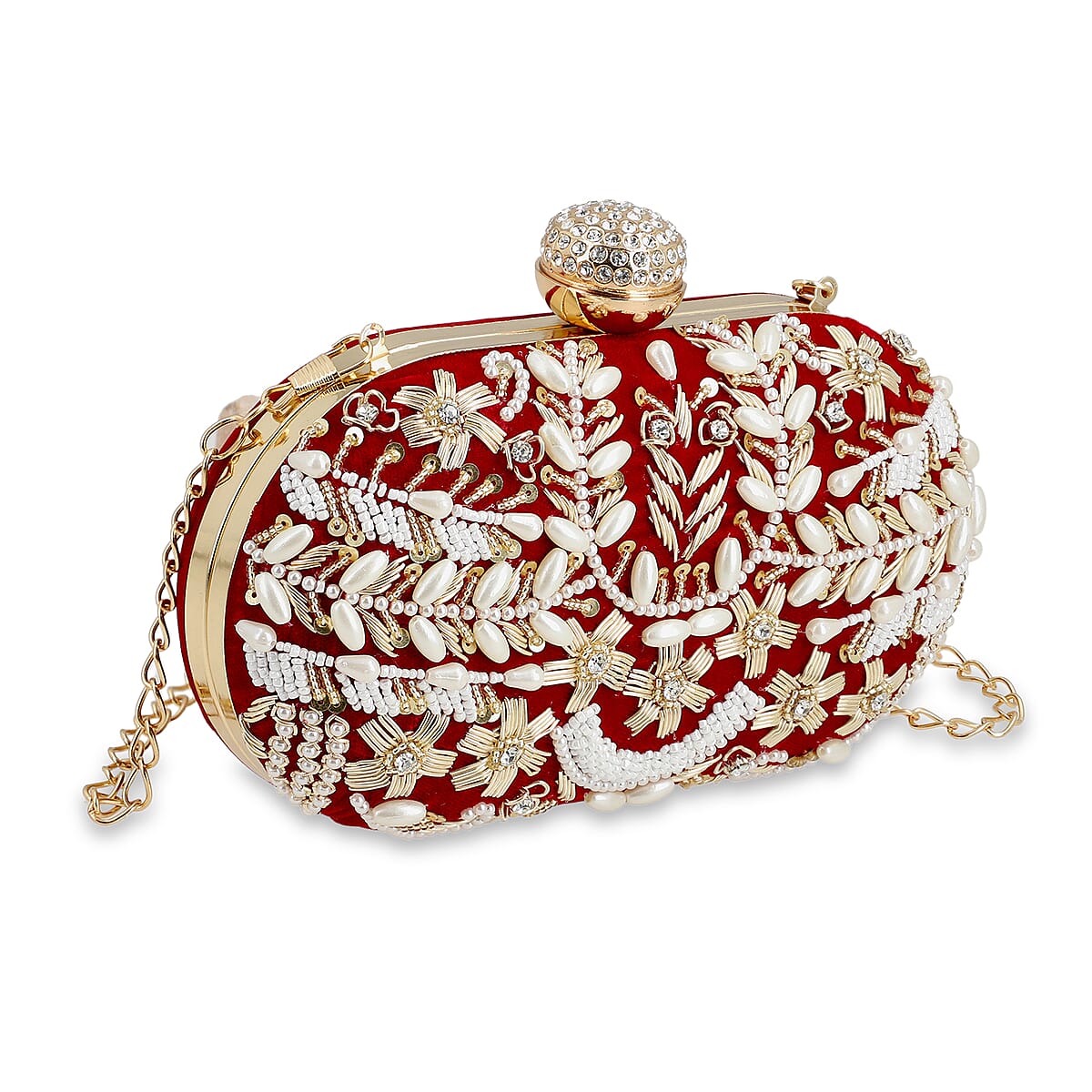 Burgundy Hand Embroidery Oval Shaped Pearl Studded Velvet Clutch image number 8