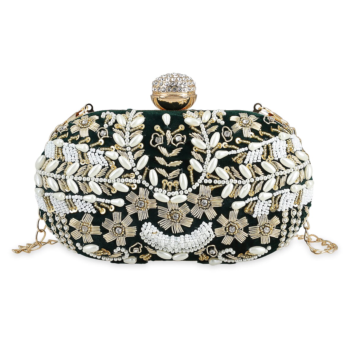 Green Hand Embroidery Oval Shaped Pearl Studded Velvet Clutch image number 0