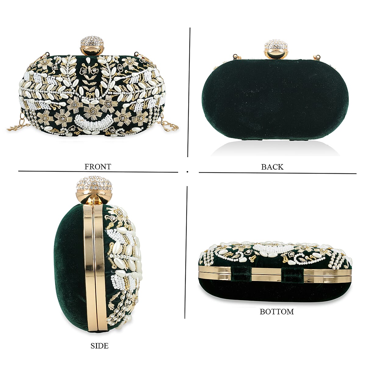 Green Hand Embroidery Oval Shaped Pearl Studded Velvet Clutch image number 4