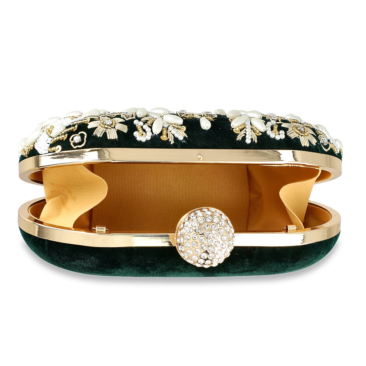 Green Hand Embroidery Oval Shaped Pearl Studded Velvet Clutch image number 5