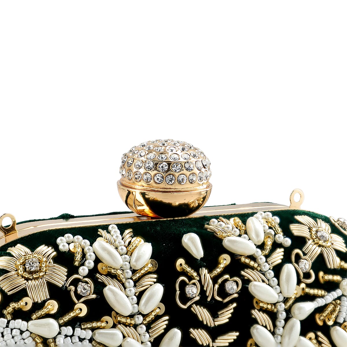 Green Hand Embroidery Oval Shaped Pearl Studded Velvet Clutch image number 6