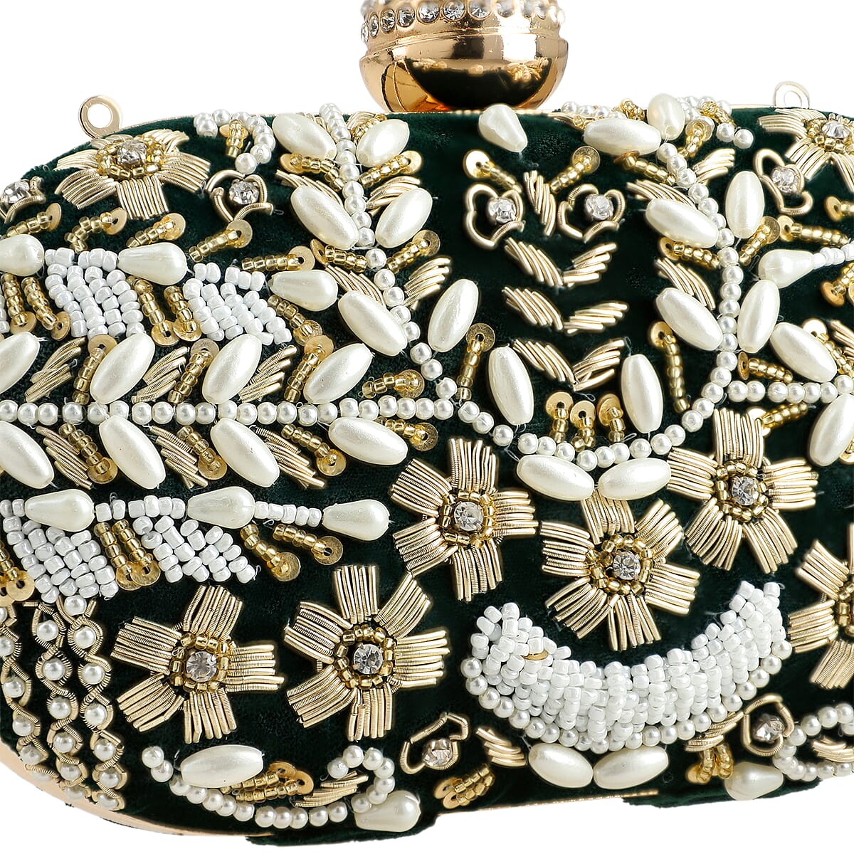Green Hand Embroidery Oval Shaped Pearl Studded Velvet Clutch image number 7