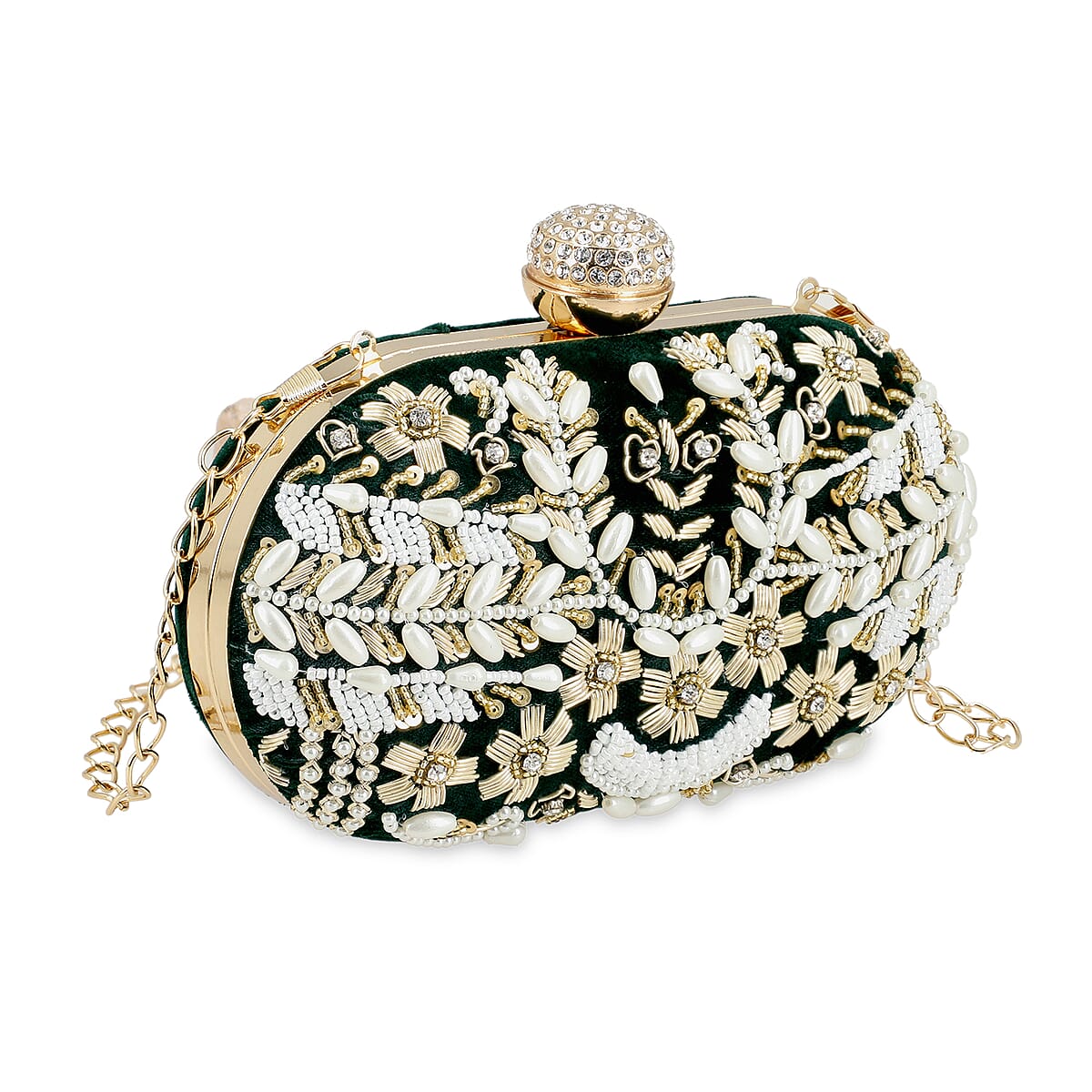 Green Hand Embroidery Oval Shaped Pearl Studded Velvet Clutch image number 8