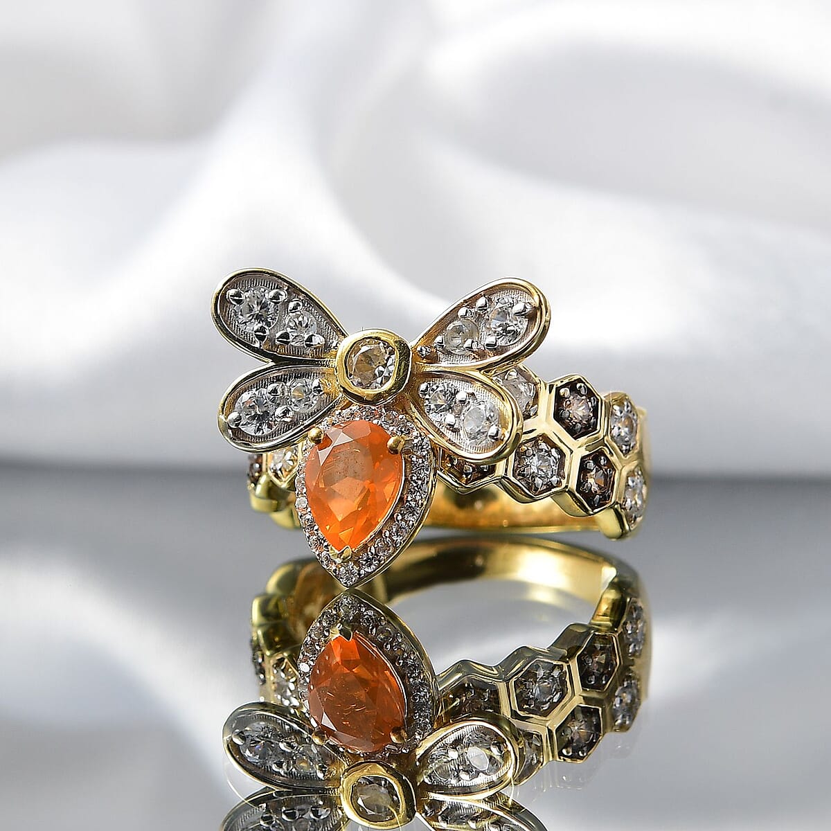 GP Trionfo Collection Jalisco Fire Opal and Multi Gemstone 2.30 ctw Bee Ring in 18K Vermeil Yellow Gold Over Sterling Silver (Size 10.0) image number 1