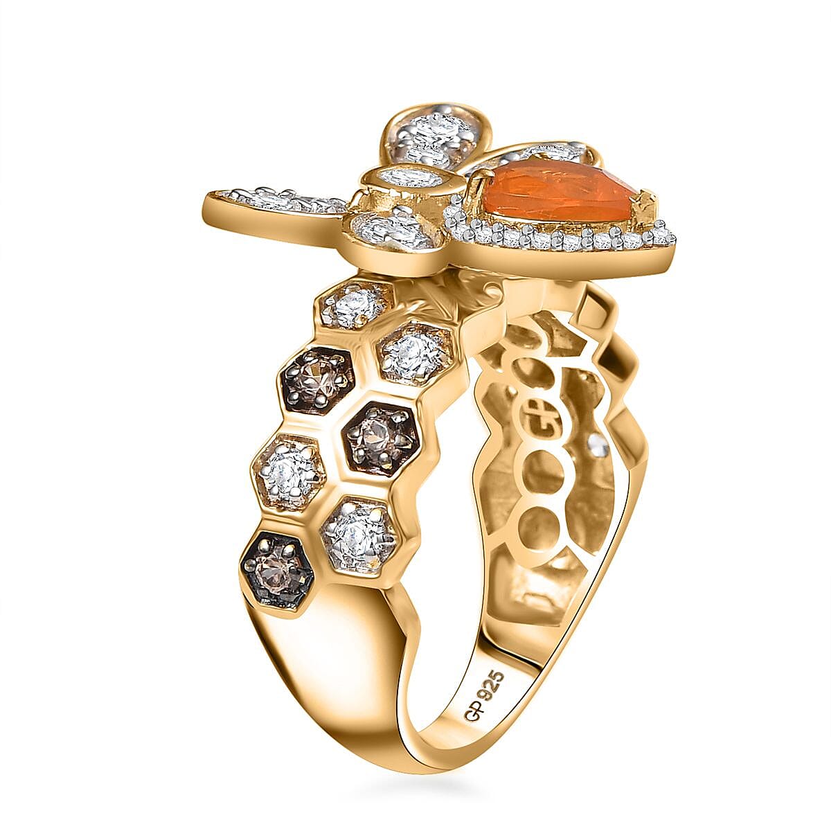 GP Trionfo Collection Jalisco Fire Opal and Multi Gemstone 2.30 ctw Bee Ring in 18K Vermeil Yellow Gold Over Sterling Silver (Size 10.0) image number 3