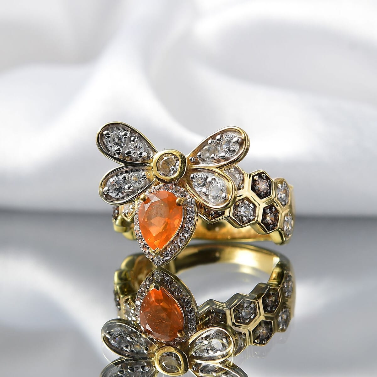 GP Trionfo Collection Jalisco Fire Opal and Multi Gemstone 2.30 ctw Bee Ring in 18K Vermeil Yellow Gold Over Sterling Silver (Size 5.0) image number 1