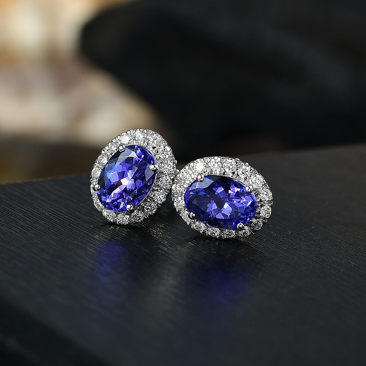 Certified & Appraised Rhapsody AAAA Tanzanite and E-F VS Diamond 2.27 ctw Stud Earrings in 950 Platinum (Del. in 10-15 Days) image number 1