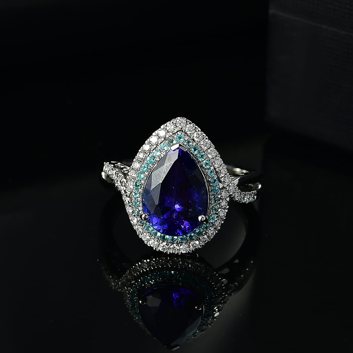 Rhapsody 950 Platinum AAAA Tanzanite, Paraiba Tourmaline and Diamond (E-F, VS2) (0.42 cts) Ring (Size 5.5) (8.20 g) 5.15 ctw image number 1