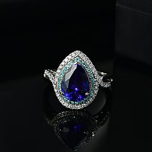 Rhapsody 950 Platinum AAAA Tanzanite, Paraiba Tourmaline and Diamond (E-F, VS2) (0.42 cts) Ring (Size 5.5) (8.20 g) 5.15 ctw