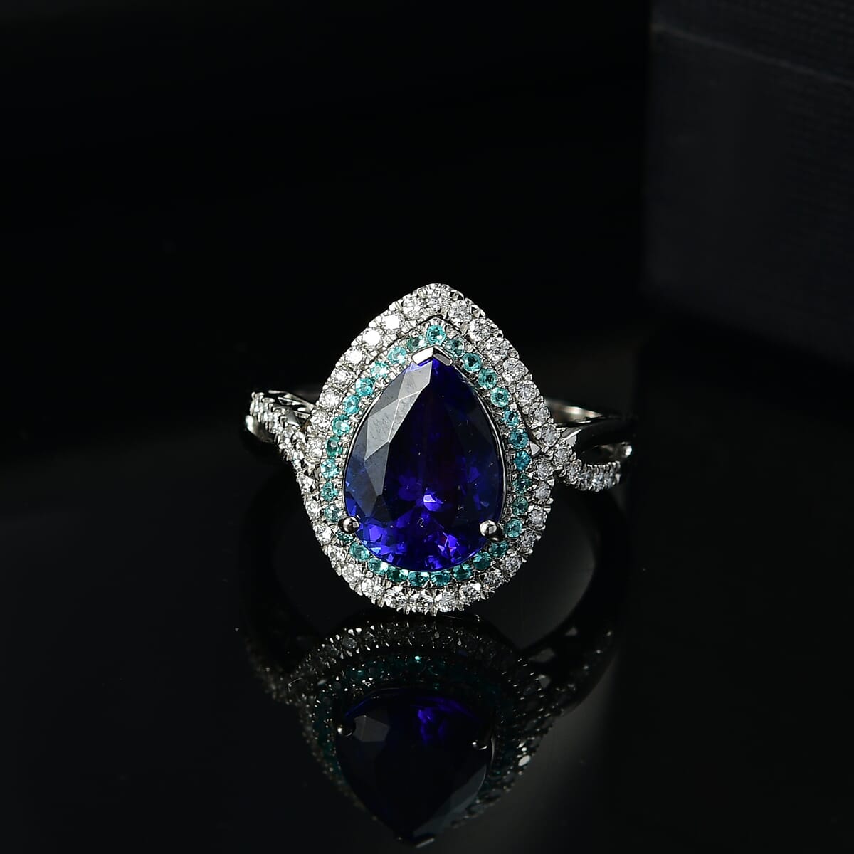 Certified & Appraised Rhapsody AAAA Tanzanite, Paraiba Tourmaline and E-F VS2 Diamond 5.15 ctw Ring in 950 Platinum 8.20 Grams image number 1