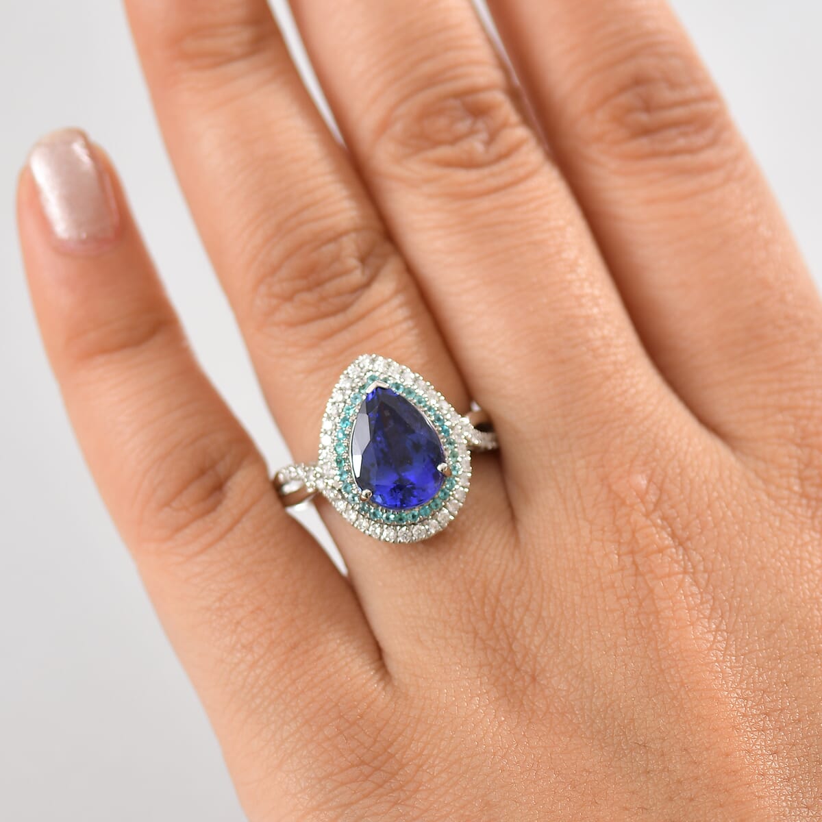 Certified & Appraised Rhapsody AAAA Tanzanite, Paraiba Tourmaline and E-F VS2 Diamond 5.15 ctw Ring in 950 Platinum 8.20 Grams image number 2