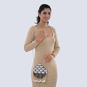 Royal Blue Hand Embroidery Pearl Studded Velvet Clutch with Tassels, Ring Handle and Sling Chain