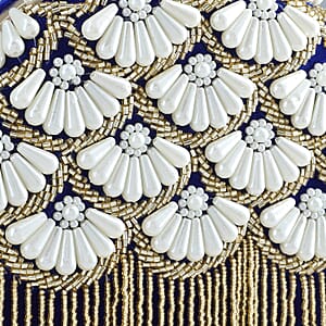 Royal Blue Hand Embroidery Pearl Studded Velvet Clutch with Tassels, Ring Handle and Sling Chain