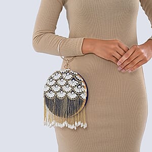 Royal Blue Hand Embroidery Pearl Studded Velvet Clutch with Tassels, Ring Handle and Sling Chain