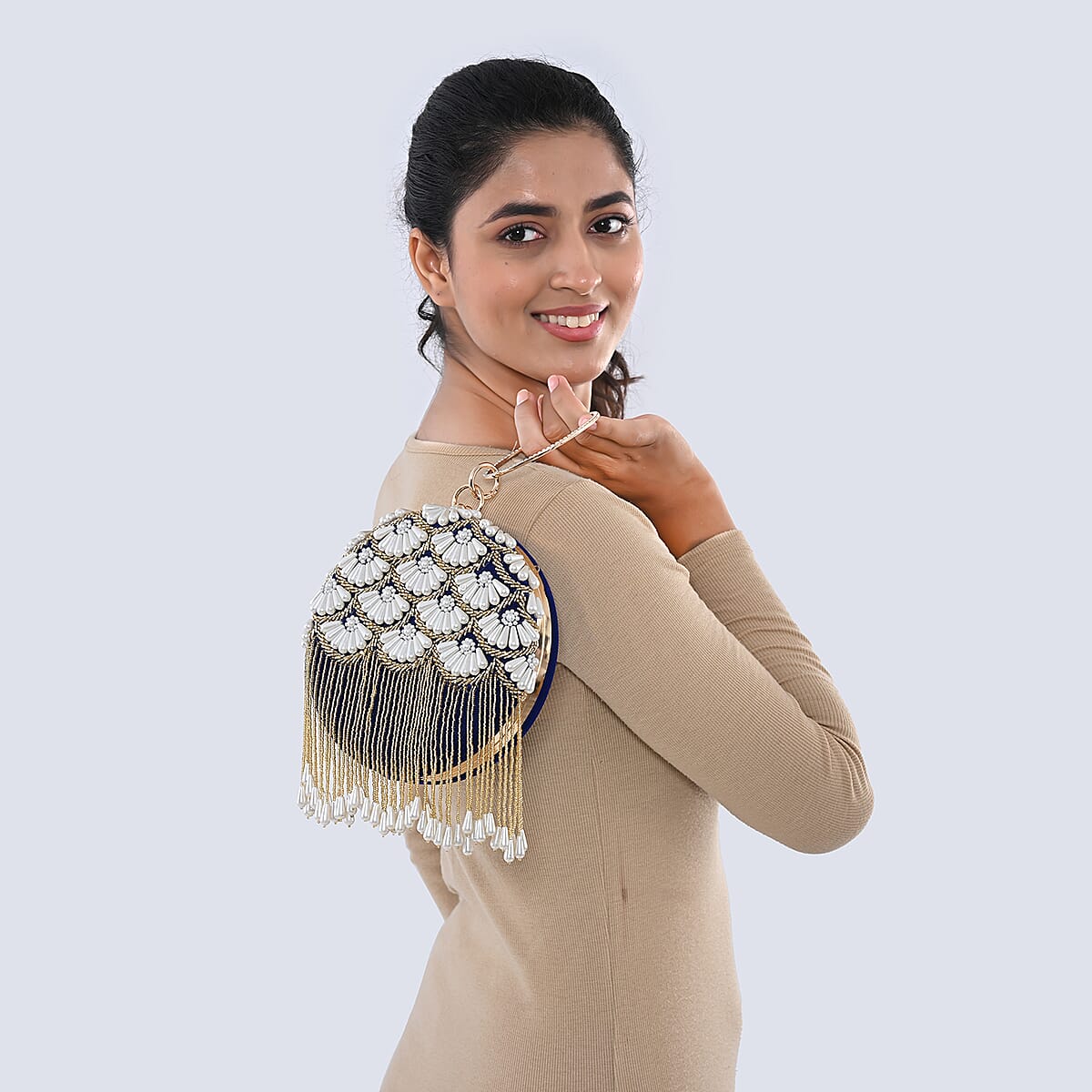 Royal Blue Hand Embroidery Pearl Studded Velvet Clutch with Tassels, Ring Handle and Sling Chain image number 4