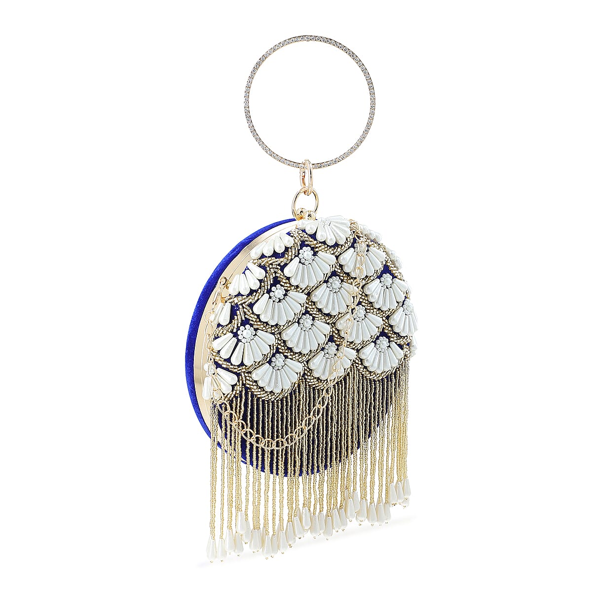Royal Blue Hand Embroidery Pearl Studded Velvet Clutch with Tassels, Ring Handle and Sling Chain image number 5