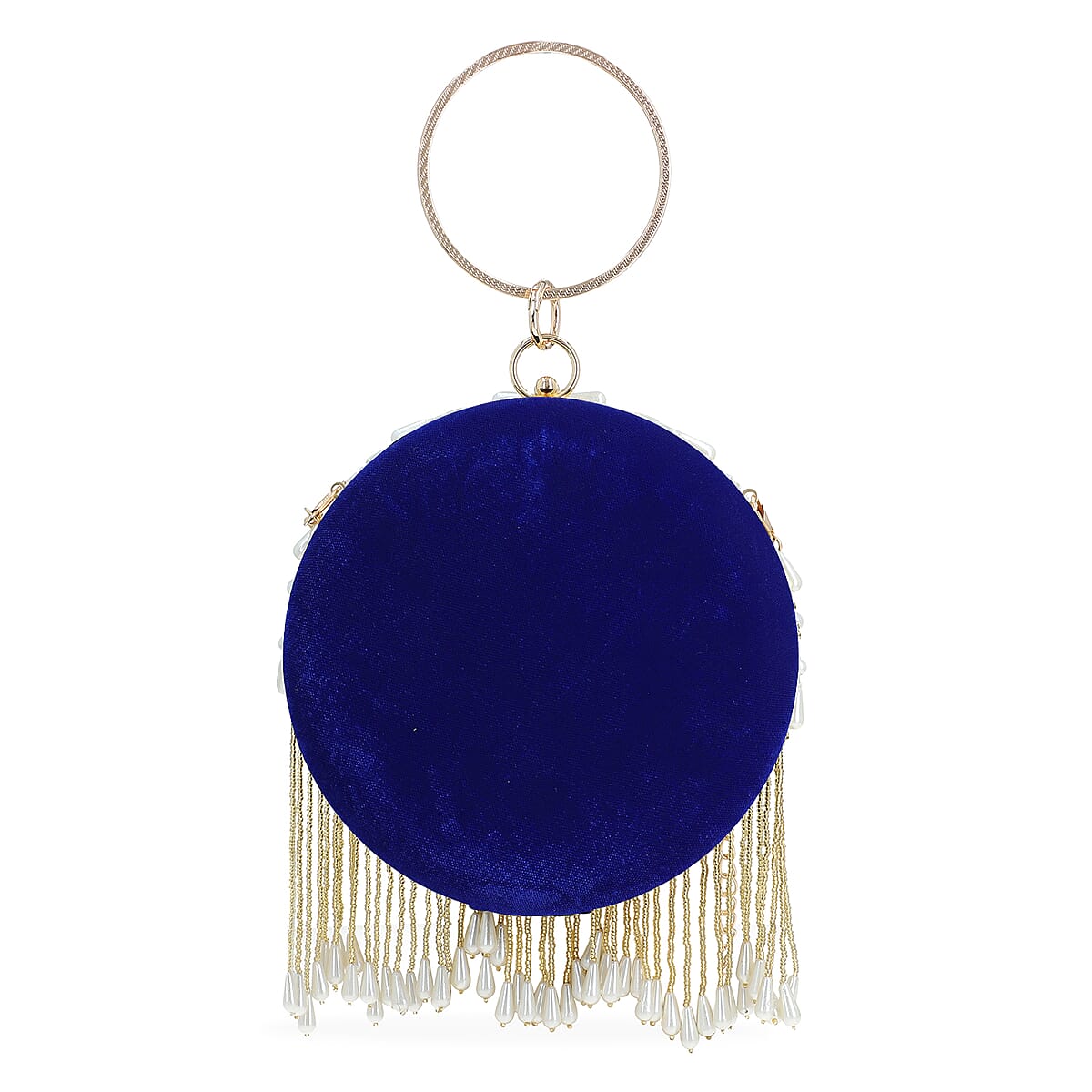 Royal Blue Hand Embroidery Pearl Studded Velvet Clutch with Tassels, Ring Handle and Sling Chain image number 6