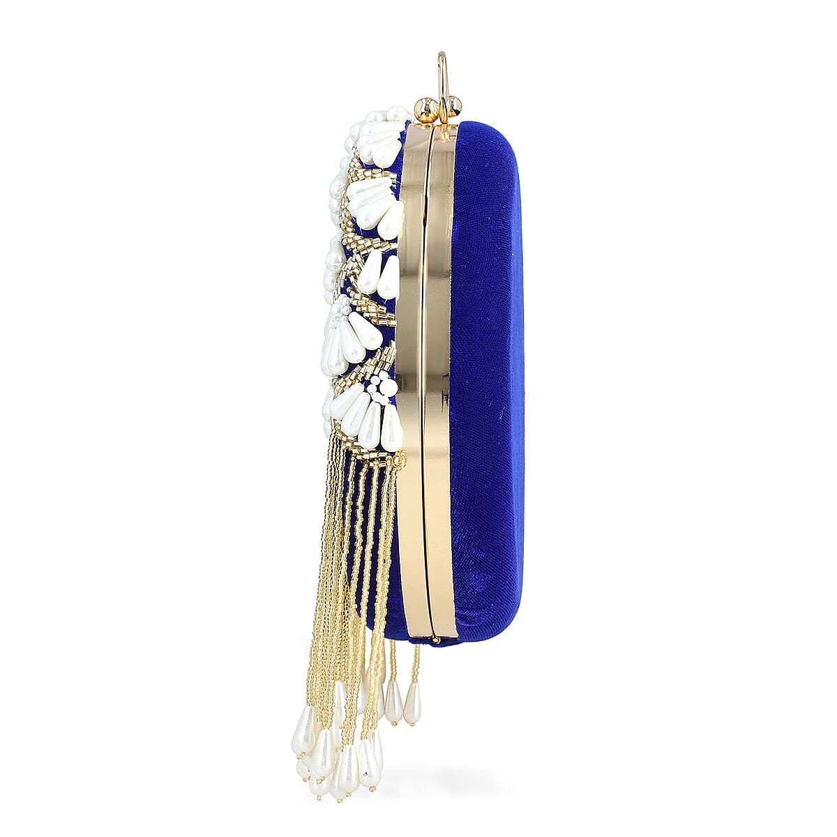 Royal Blue Hand Embroidery Pearl Studded Velvet Clutch with Tassels, Ring Handle and Sling Chain image number 7