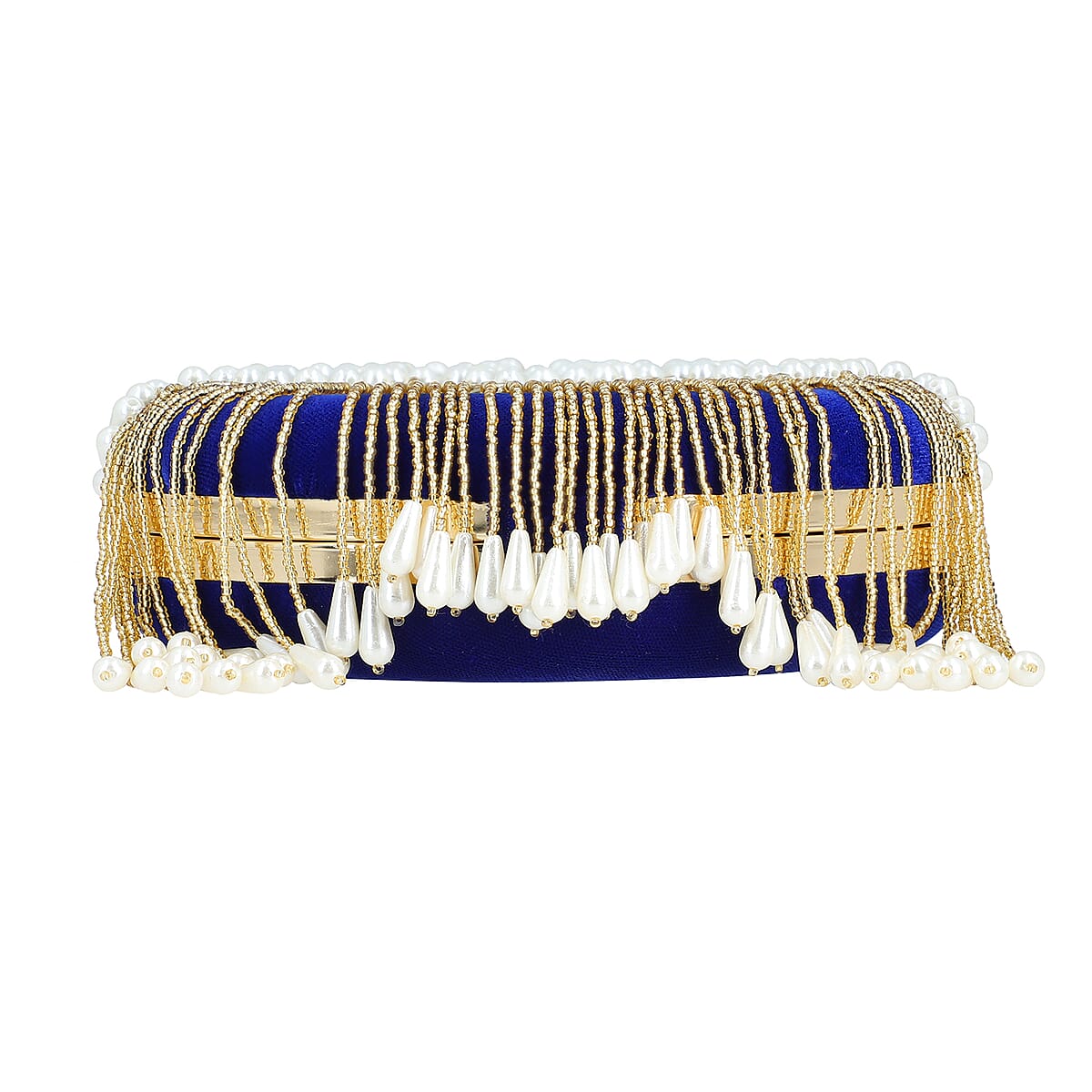 Royal Blue Hand Embroidery Pearl Studded Velvet Clutch with Tassels, Ring Handle and Sling Chain image number 8